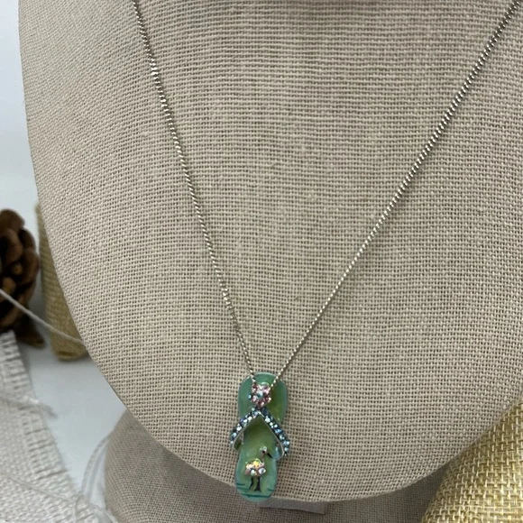 Vintage Sterling Silver Flip-Flop Pendant Necklace with Flamingo & Crystals, 18” - Picture 7 of 15